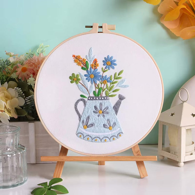 Flower in Vase Fresh Graceful Embroidery Kit with Pre-printed Pattern, EN Instructions,Needle,Thread for Room Decor Gift