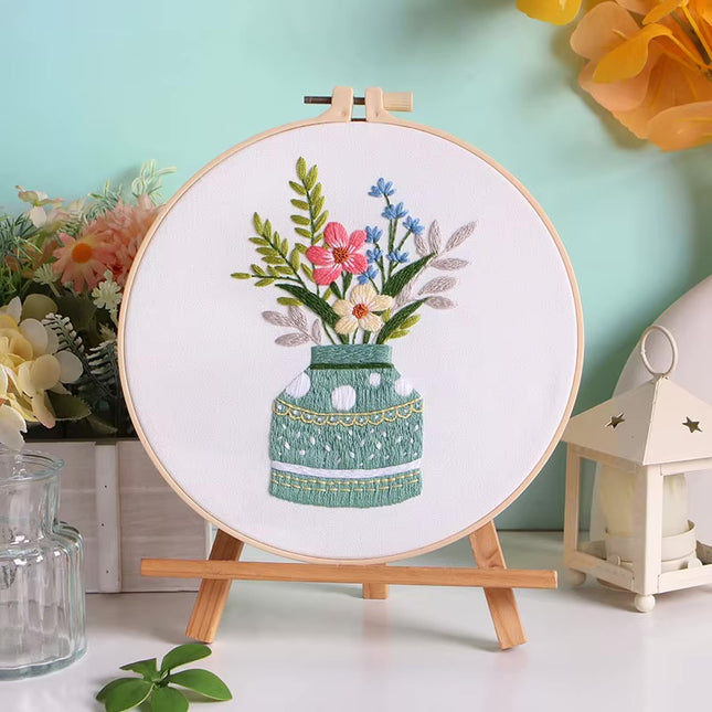 Flower in Vase Fresh Graceful Embroidery Kit with Pre-printed Pattern, EN Instructions,Needle,Thread for Room Decor Gift