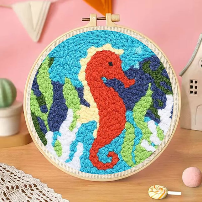 CHENISTORY Cute Cartoon Marine Animal Punch Needle Embroidery Kit for Beginners Soft Yarn Needlework Embroidery Set Home Decor