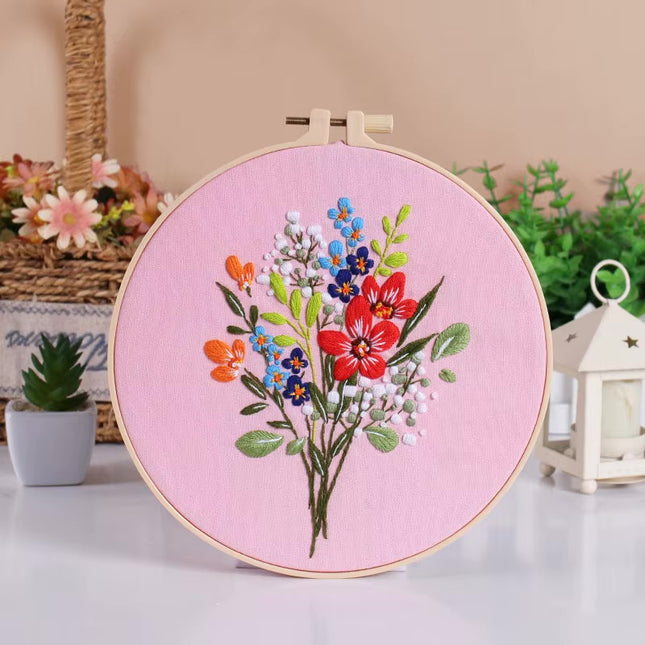 Bouquet Flower Embroidery Kit with EN Instruction, Thread, Needles, Stamped Cloth with Flower Pattern DIY Craft
