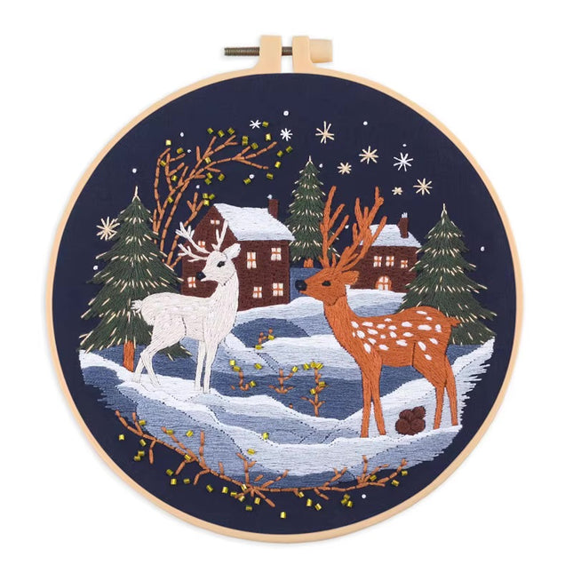 3D Snow Tree Deer Christmas Embroidery Kit with EN Instructions,Needle,Thread,Stamped Cloth for Holiday Gift
