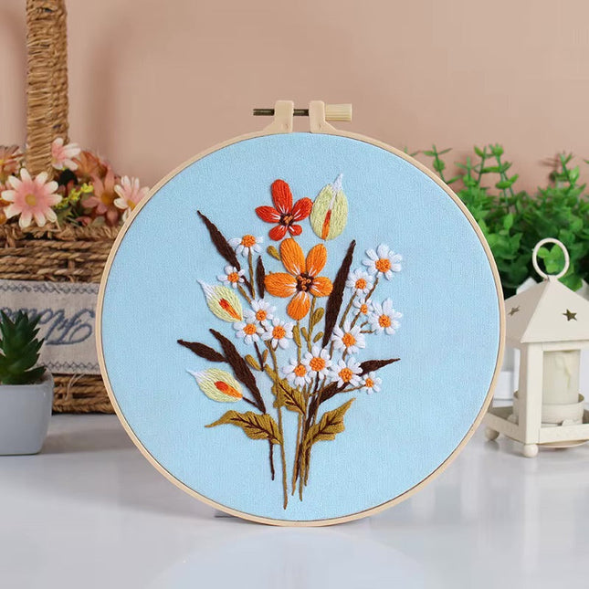 Bouquet Flower Embroidery Kit with EN Instruction, Thread, Needles, Stamped Cloth with Flower Pattern DIY Craft