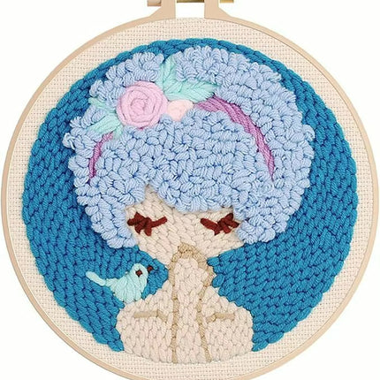 Punch Needle Kits Adults Beginner DIY Cute and Unique Cartoon Girl Hoop Embroidery Set for Beginners Perfect Gifts for Mom