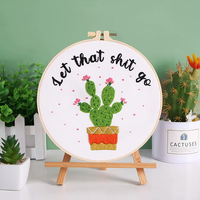 Embroidery Starter Kits for Adults Beginners with Stamped Pattern, Embroidery Floss + Needles + Hoop, Cactus Series