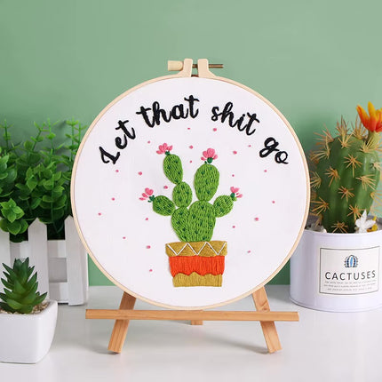 Embroidery Starter Kits for Adults Beginners with Stamped Pattern, Embroidery Floss + Needles + Hoop, Cactus Series