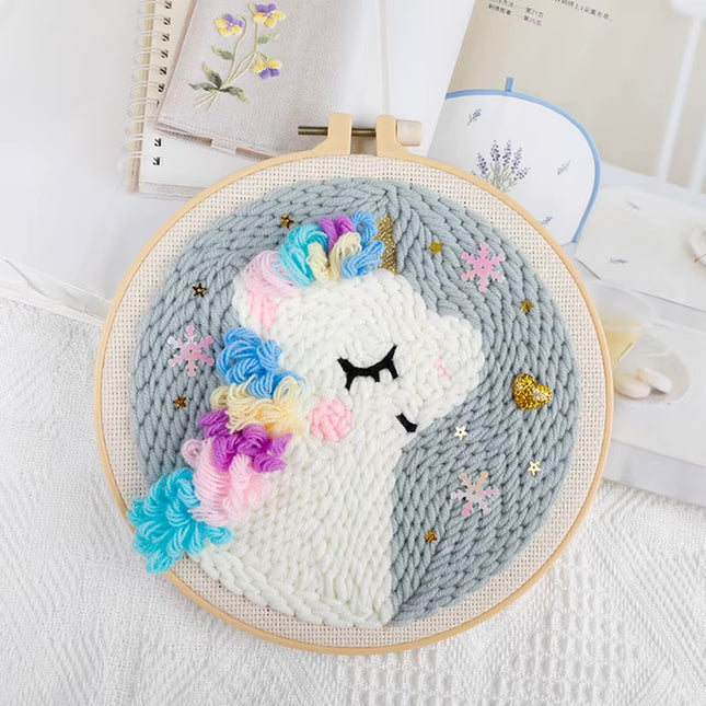 Cartoon Unicorn Dolphin Embroidery Patterns Punch Needle Kits Soft Yarn Needlework DIY Craft Kit