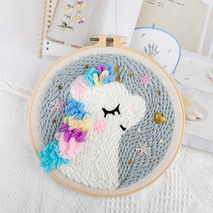 Cartoon Unicorn Dolphin Embroidery Patterns Punch Needle Kits Soft Yarn Needlework DIY Craft Kit