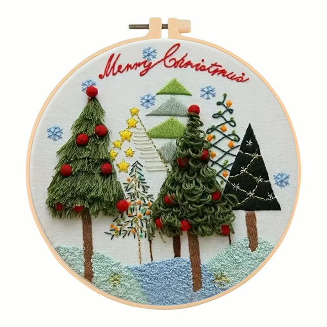 Merry Christmas Needlework Embroidery Kit with Pattern Cotton Threads Needles Hoop Handmade Sewing Art Craft Kit for Adults