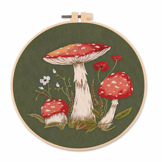 Mushroom Embroidery Kit DIY Needlework Free Happy Needlecraft for Beginner Cross Stitch Artcraft Tools Punch Needle Hoop Ring