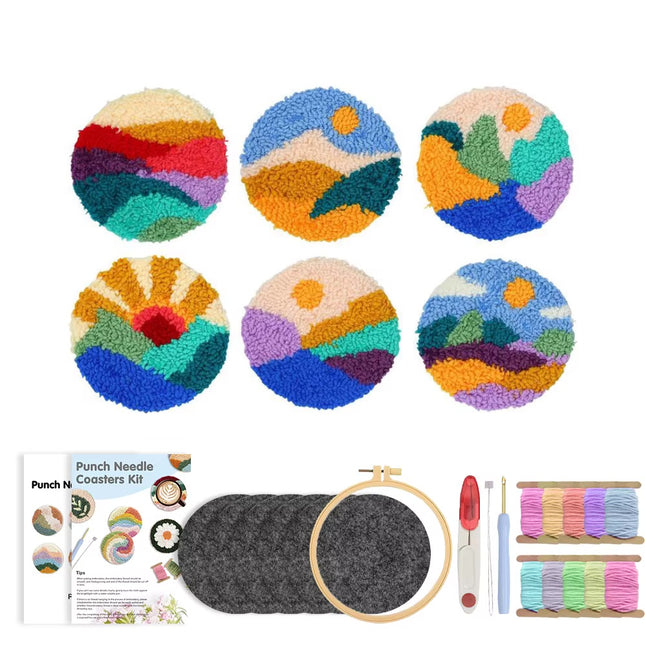 SDOYUNO Landscapes Punch Needle Coasters Kit Adults Beginners 6 Pcs DIY Easy Coaster Embroidery Set for Starter Art Craft