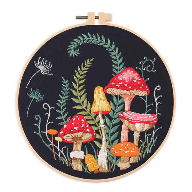 New Mushroom Flower Black Cloth Pattern Embroidery Kit Set with Needle Instruction Stamped Clothes Kit for Room Decor