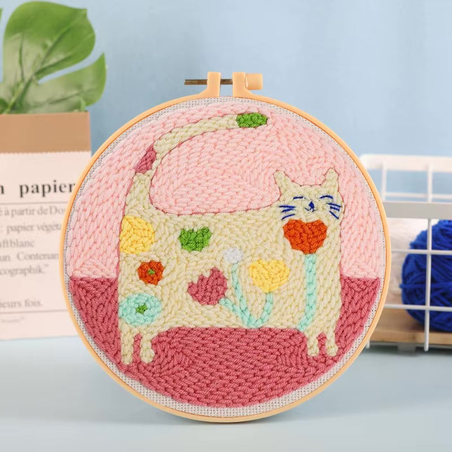Punch Needle Starter Kit Animal Cat Floral Rug Hooking Beginner Set Adjustable Embroidery Pen Hoop for Kids Adults Craft Gift