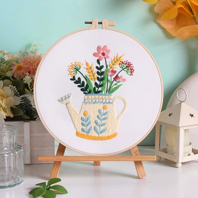 Flower in Vase Fresh Graceful Embroidery Kit with Pre-printed Pattern, EN Instructions,Needle,Thread for Room Decor Gift