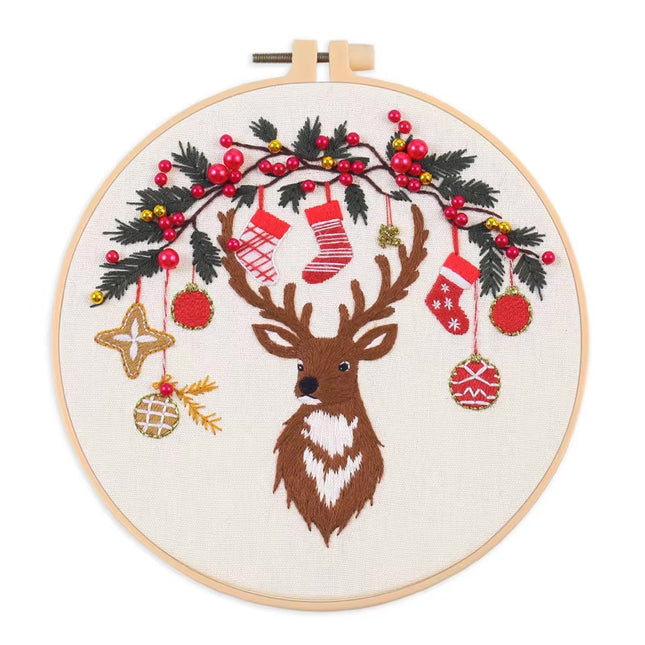 3D Snow Tree Deer Christmas Embroidery Kit with EN Instructions,Needle,Thread,Stamped Cloth for Holiday Gift