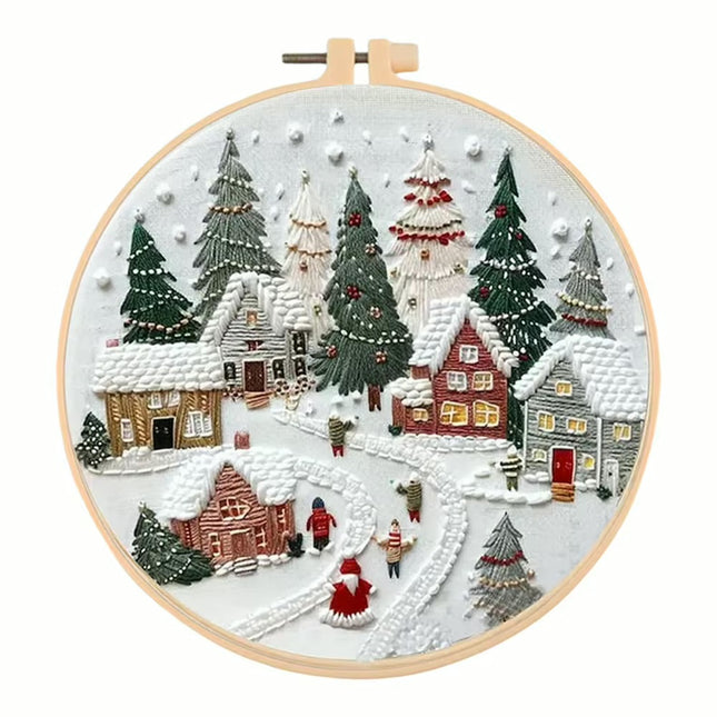 Merry Christmas Needlework Embroidery Kit with Pattern Cotton Threads Needles Hoop Handmade Sewing Art Craft Kit for Adults