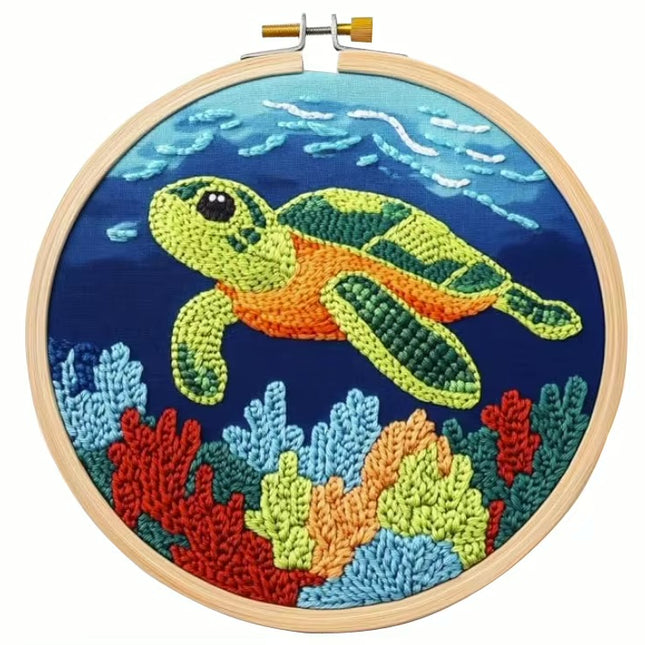 Cute Animal Cow Turtle Punch Needle Kit with EN Instructions,Yarn,Pen, Threader,Stamped Cloth for Christmas Gift