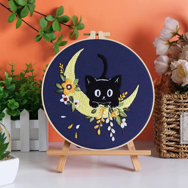 Moon and Black Cat Flower Embroidery Kit with Stamped Cloth,Thread, Needle, EN Instructions DIY Craft Present Teenager