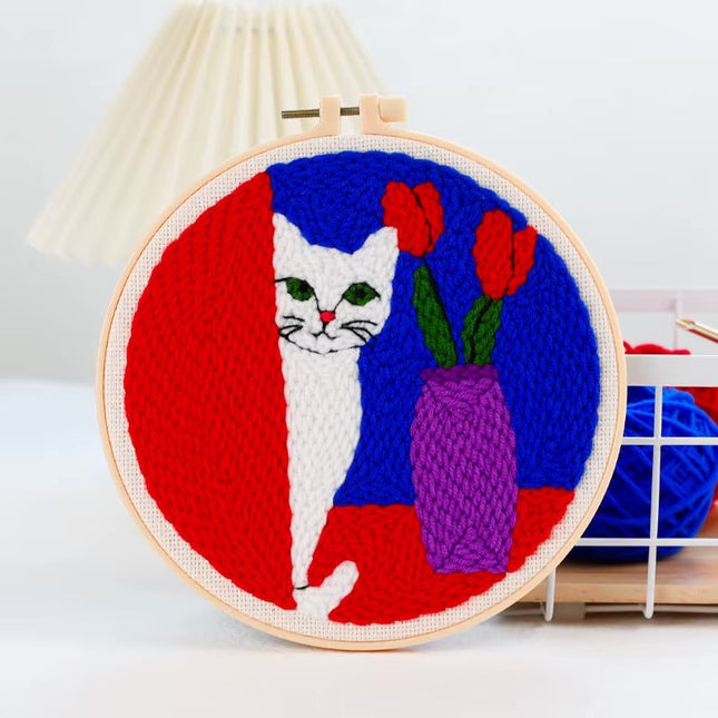 Punch Needle Starter Kit Animal Cat Floral Rug Hooking Beginner Set Adjustable Embroidery Pen Hoop for Kids Adults Craft Gift