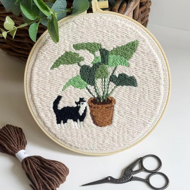 Punch Needle Embroidery Starter Kits Themed Green Tree Black Cat Pattern Needle Kits Beginners for Craft Lover Home Decor