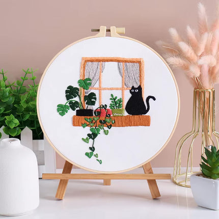 Embroidery Kit for Beginners DIY Adult Beginner Embroidery Kits with Cat Plant Flower Pattern Needles Threads Instructions