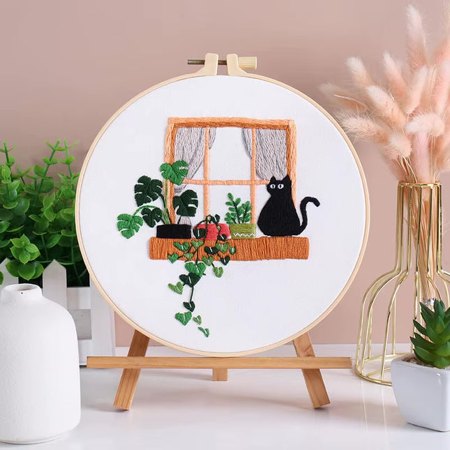 Embroidery Kit for Beginners DIY Adult Beginner Embroidery Kits with Cat Plant Flower Pattern Needles Threads Instructions
