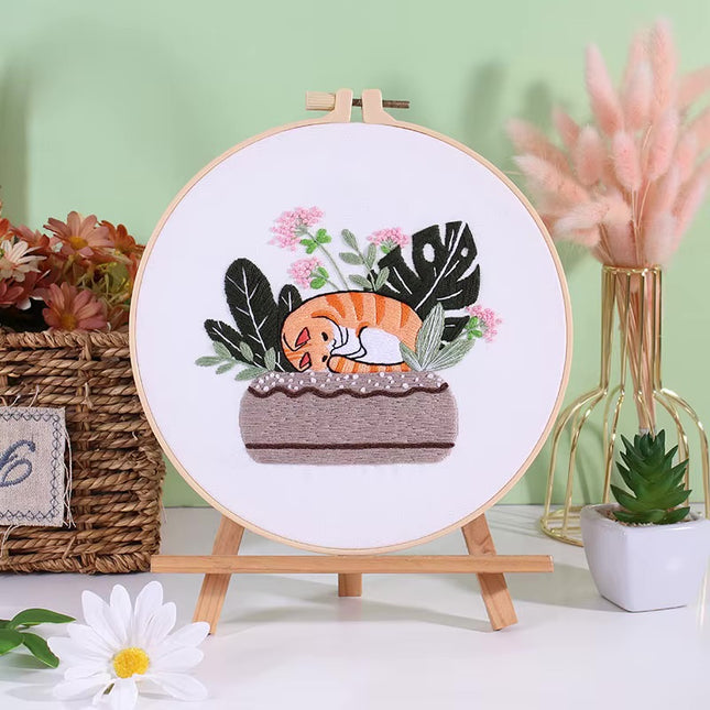 Embroidery Kit for Beginners DIY Adult Beginner Embroidery Kits with Cat Plant Flower Pattern Needles Threads Instructions