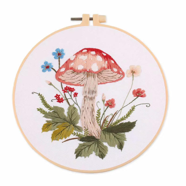 Mushroom Embroidery Kit DIY Needlework Free Happy Needlecraft for Beginner Cross Stitch Artcraft Tools Punch Needle Hoop Ring
