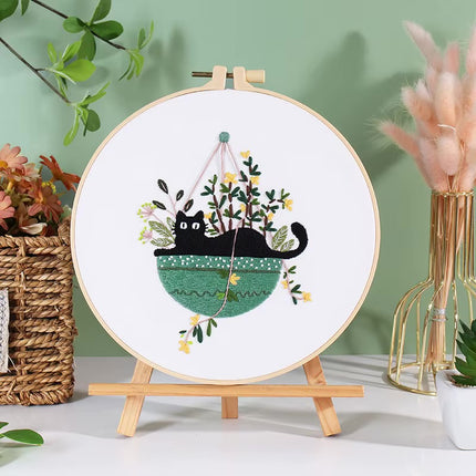 Embroidery Kit for Beginners DIY Adult Beginner Embroidery Kits with Cat Plant Flower Pattern Needles Threads Instructions