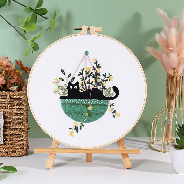 Embroidery Kit for Beginners DIY Adult Beginner Embroidery Kits with Cat Plant Flower Pattern Needles Threads Instructions