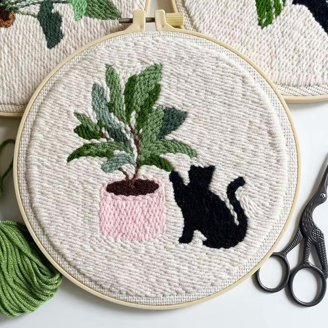 Punch Needle Embroidery Starter Kits Themed Green Tree Black Cat Pattern Needle Kits Beginners for Craft Lover Home Decor