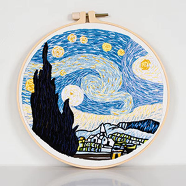 Embroidery Starter Kit for Adults Beginners with Van Gogh Starry Night Pattern Stamped Cross Stitch Set Cloth Hoop Needles