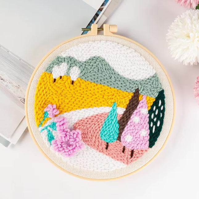 CHENISTORY Cartoon Landscape Punch Needle Embroidery Kit for Beginners Soft Yarn Needlework Embroidery Set Home Decor
