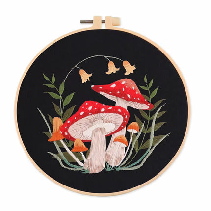 Mushroom Embroidery Kit DIY Needlework Free Happy Needlecraft for Beginner Cross Stitch Artcraft Tools Punch Needle Hoop Ring