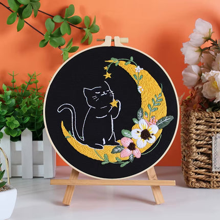 Moon and Black Cat Flower Embroidery Kit with Stamped Cloth,Thread, Needle, EN Instructions DIY Craft Present Teenager