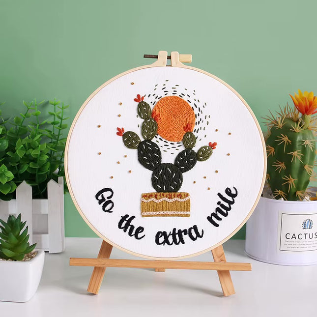 Embroidery Starter Kits for Adults Beginners with Stamped Pattern, Embroidery Floss + Needles + Hoop, Cactus Series