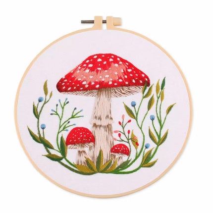 Mushroom Embroidery Kit DIY Needlework Free Happy Needlecraft for Beginner Cross Stitch Artcraft Tools Punch Needle Hoop Ring