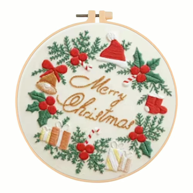 Merry Christmas Needlework Embroidery Kit with Pattern Cotton Threads Needles Hoop Handmade Sewing Art Craft Kit for Adults