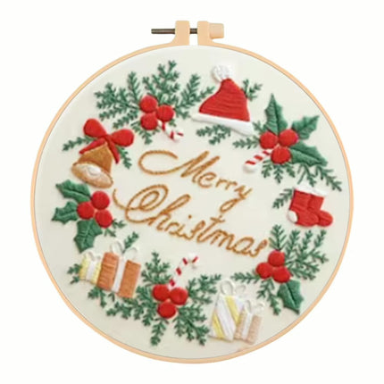 Merry Christmas Needlework Embroidery Kit with Pattern Cotton Threads Needles Hoop Handmade Sewing Art Craft Kit for Adults