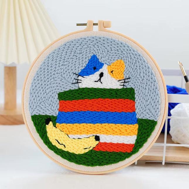 Punch Needle Starter Kit Animal Cat Floral Rug Hooking Beginner Set Adjustable Embroidery Pen Hoop for Kids Adults Craft Gift