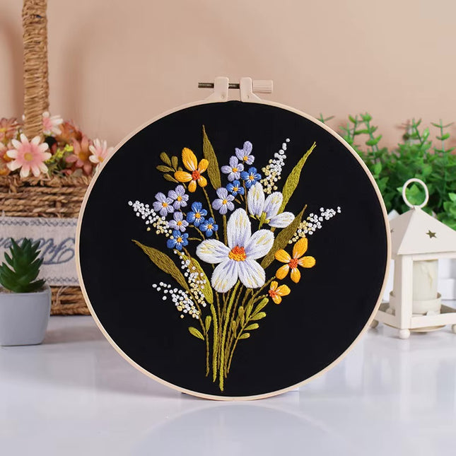 Bouquet Flower Embroidery Kit with EN Instruction, Thread, Needles, Stamped Cloth with Flower Pattern DIY Craft
