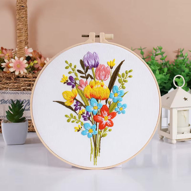 Bouquet Flower Embroidery Kit with EN Instruction, Thread, Needles, Stamped Cloth with Flower Pattern DIY Craft