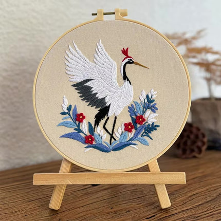 Flying Crane Flowers Pattern Embroidery Kit with Instructions Needles Thread Stamped Clothes for Room Decor