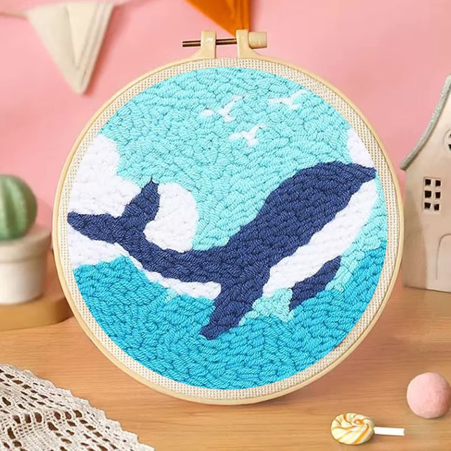CHENISTORY Cute Cartoon Marine Animal Punch Needle Embroidery Kit for Beginners Soft Yarn Needlework Embroidery Set Home Decor