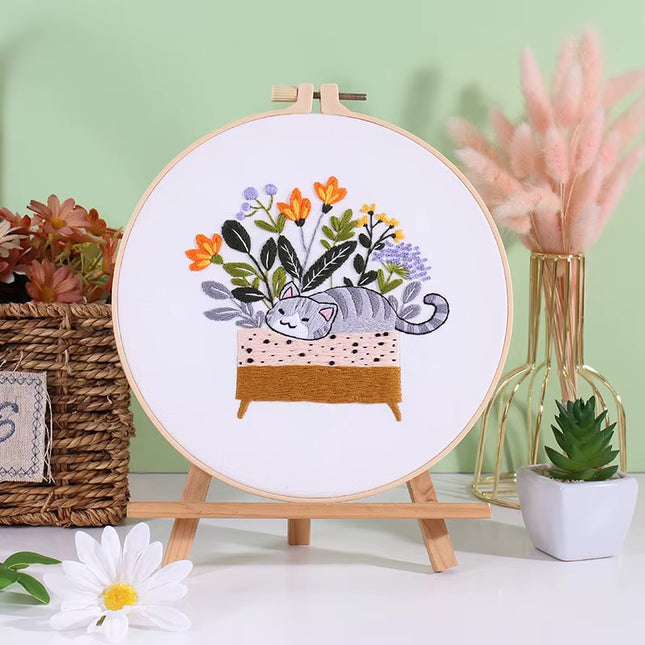 Embroidery Kit for Beginners DIY Adult Beginner Embroidery Kits with Cat Plant Flower Pattern Needles Threads Instructions