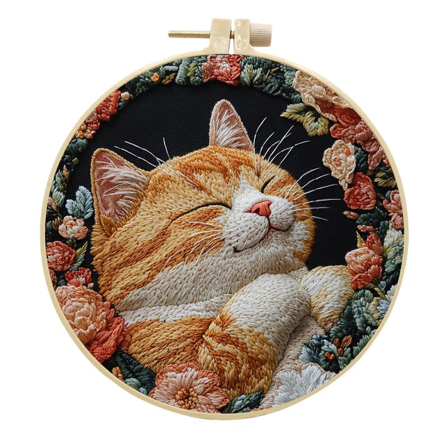 Cat Flower Black Cloth Pattern Embroidery Set with Needle Instruction Stamped Clothes Kit for Room Decor Perfect Handmade Gift