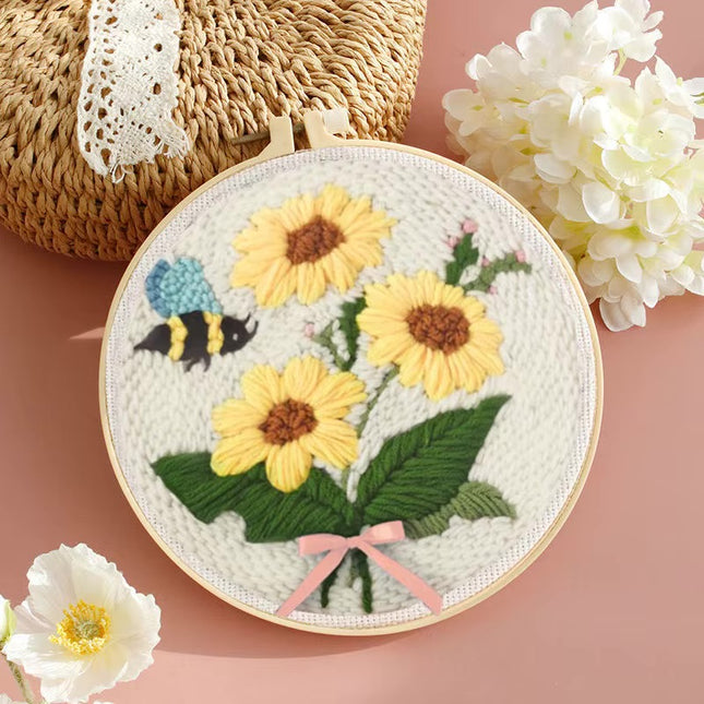 DIY Embroidery Kits For Beginner Craft Punch Needle Set Rug for Starter Kits with Stamped Sunflower Pattern Fabric Yarn Hoop