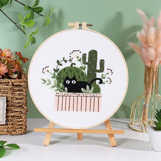 Embroidery Kit for Beginners DIY Adult Beginner Embroidery Kits with Cat Plant Flower Pattern Needles Threads Instructions