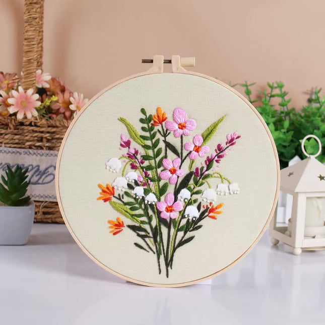 Bouquet Flower Embroidery Kit with EN Instruction, Thread, Needles, Stamped Cloth with Flower Pattern DIY Craft