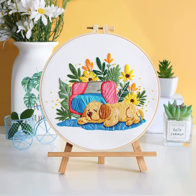 Cute Dog with Flower Pattern Embroidery Kit with EN Instructions,Thread, Needle, Stamped Cloth for DIY Craft