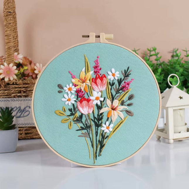 Bouquet Flower Embroidery Kit with EN Instruction, Thread, Needles, Stamped Cloth with Flower Pattern DIY Craft